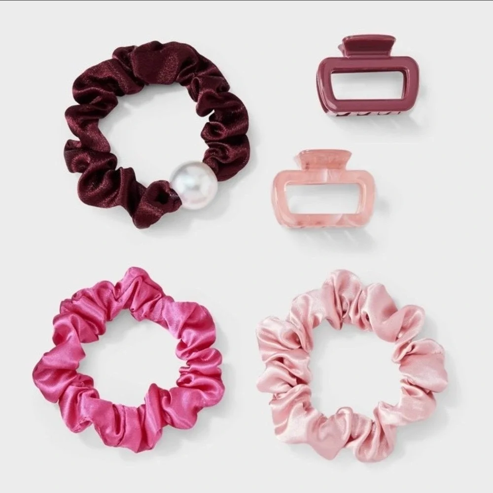 A New Day 5 Piece Hair Claw Clip and Scrunchie Set Pink Burgundy Pearl‎ Accent
